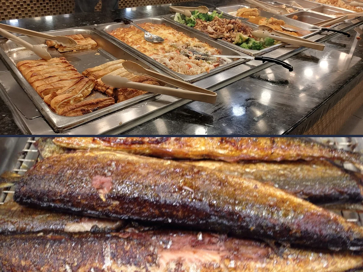 Buffet trays with Chinese and Japanese dishes