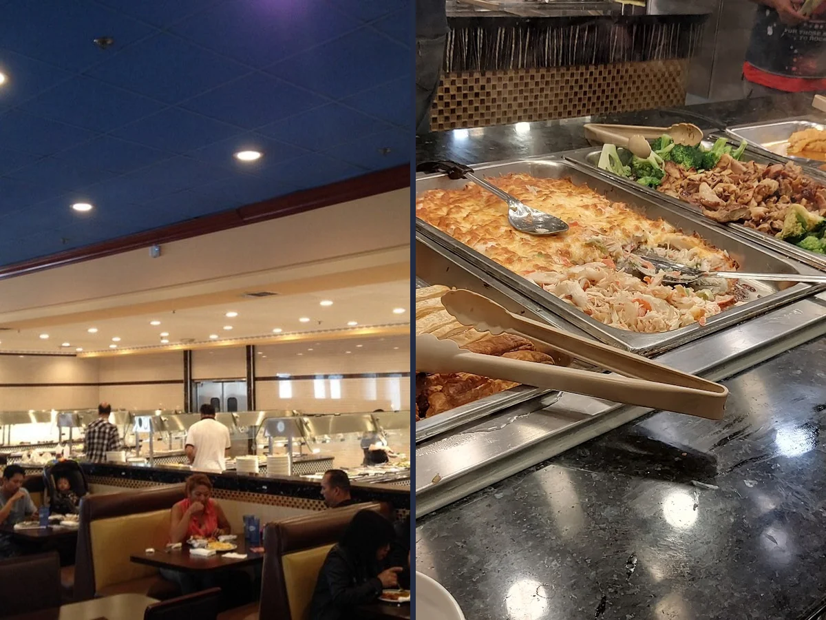 Wide buffet spread inside a casual restaurant