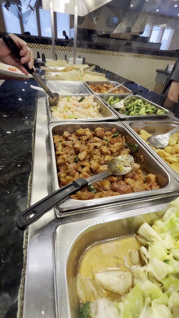 Casual restaurant dining area with buffet stations