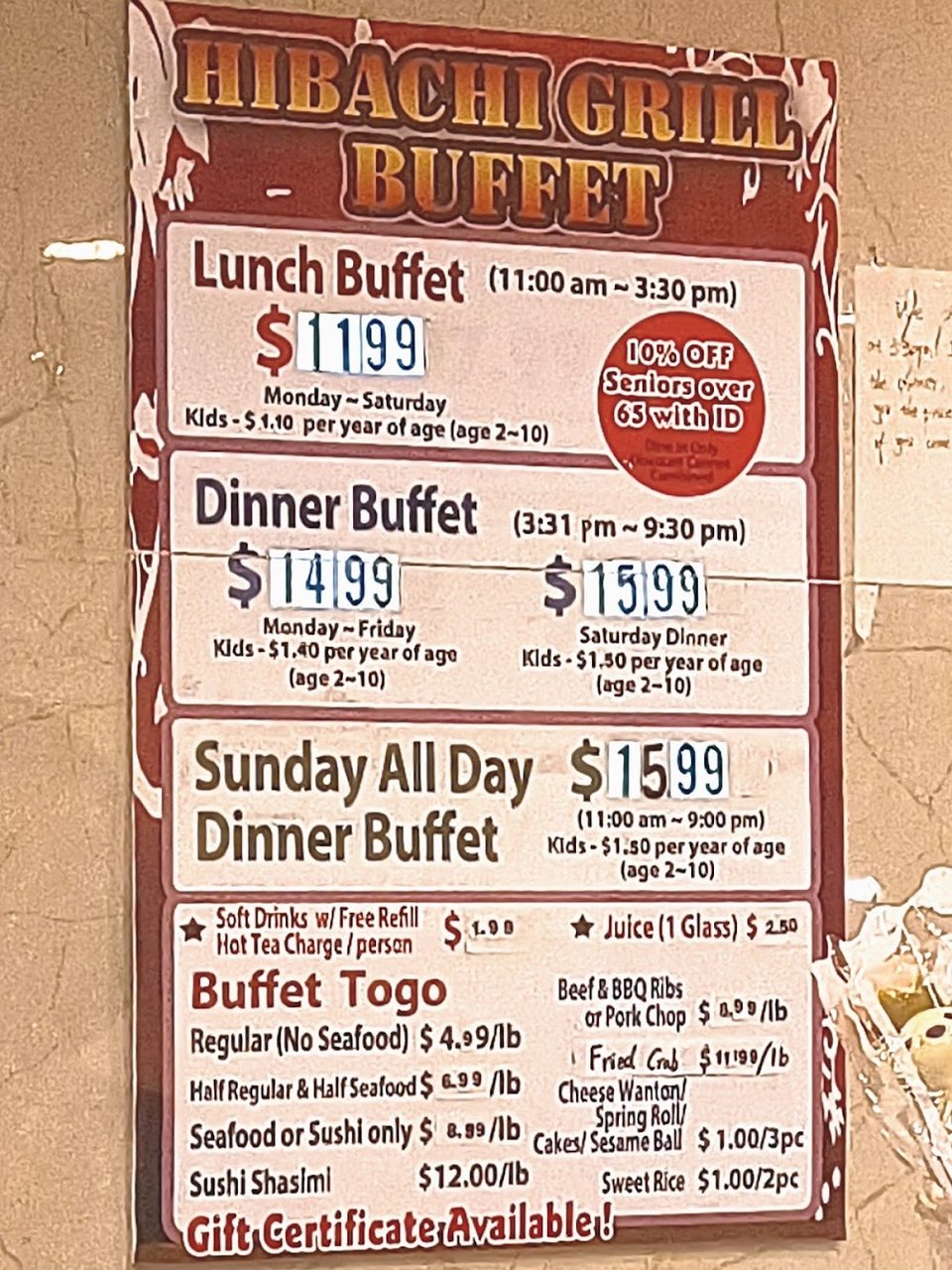 Printed menu for Chinese and Japanese dishes